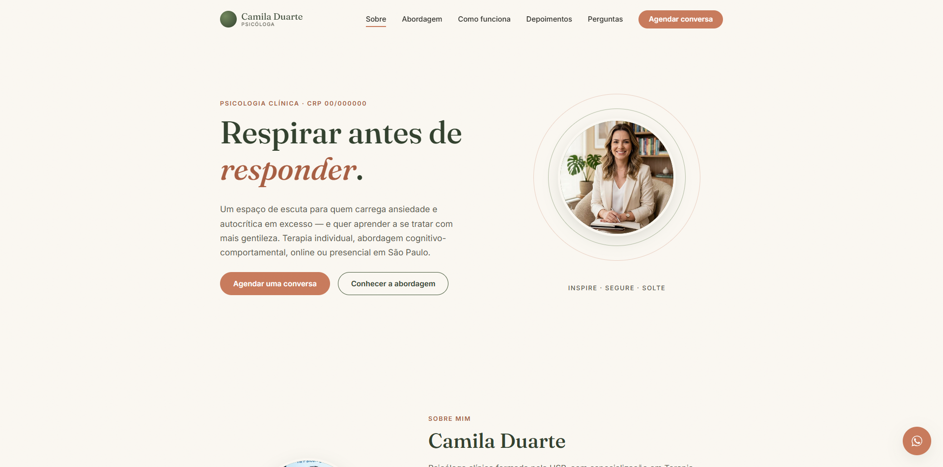 Captura de tela do site Dra. Camila Duarte Psicóloga, site de prestador de serviços